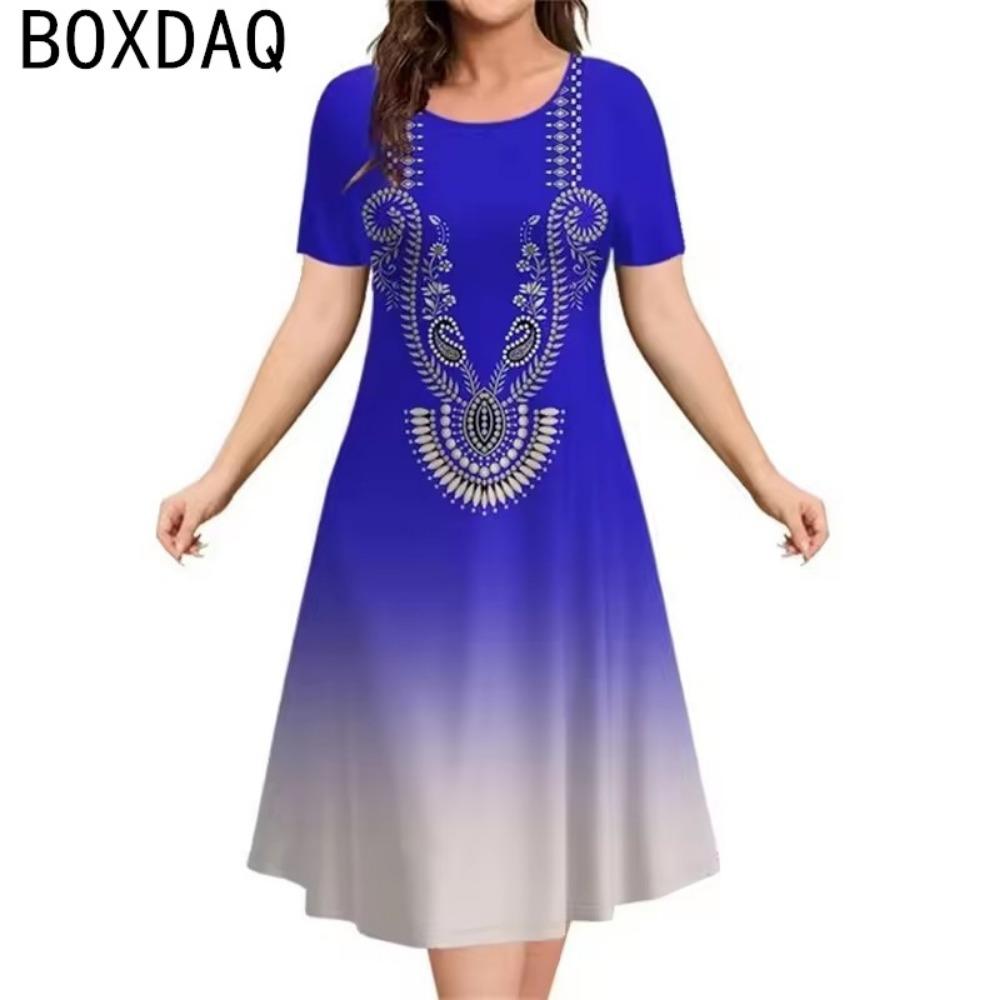 

3D Elegant Ethnic Style Printed Dress Women Summer Short Sleeve O-neck Casual A-Line Dress Big Size Fashion Loose Dress Vestidos S