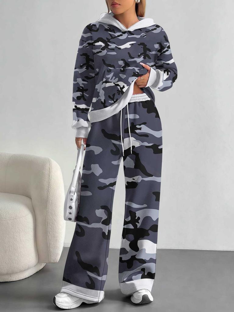 Color Graffiti European and American Autumn and Winter Casual Long-sleeved Suit Women's Hooded Sweater Trousers Two-piece Set