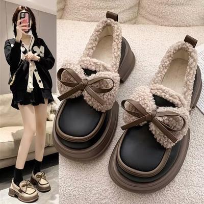 Sapatos de plataforma de algodão femininos inverno novo laço Mary Jane gigante confortável veludo pequenos sapatos de couro