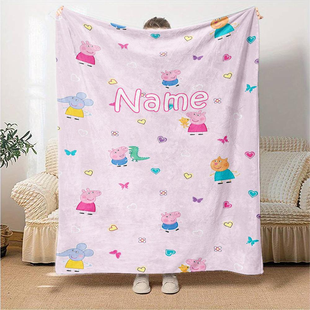Custom Name Peppa Pig Theme Printed Blanket - Perfect for Couch, Bed, Travel & Outdoor Use | Machine Washable, Cozy & Durable.