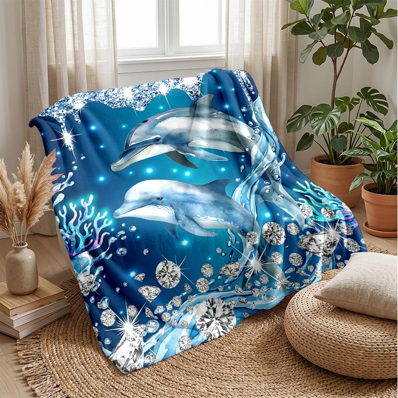 Ocean Love Dolphins Theme Blanket Lightweight Warm Flannel Blanket Decorative Throw Blanket for Home Decoration