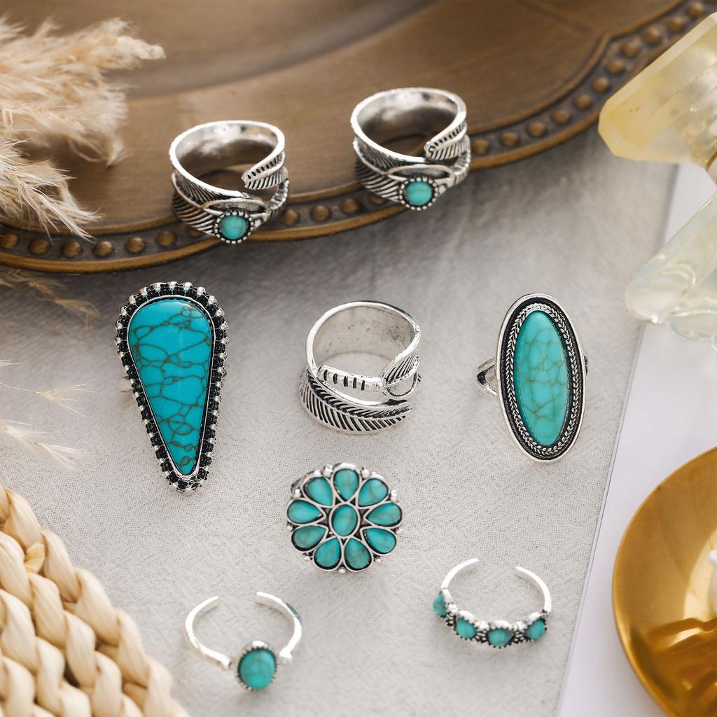 New Combination Bracelet Retro Bohemian Style Feather Open 8-piece Set Ring