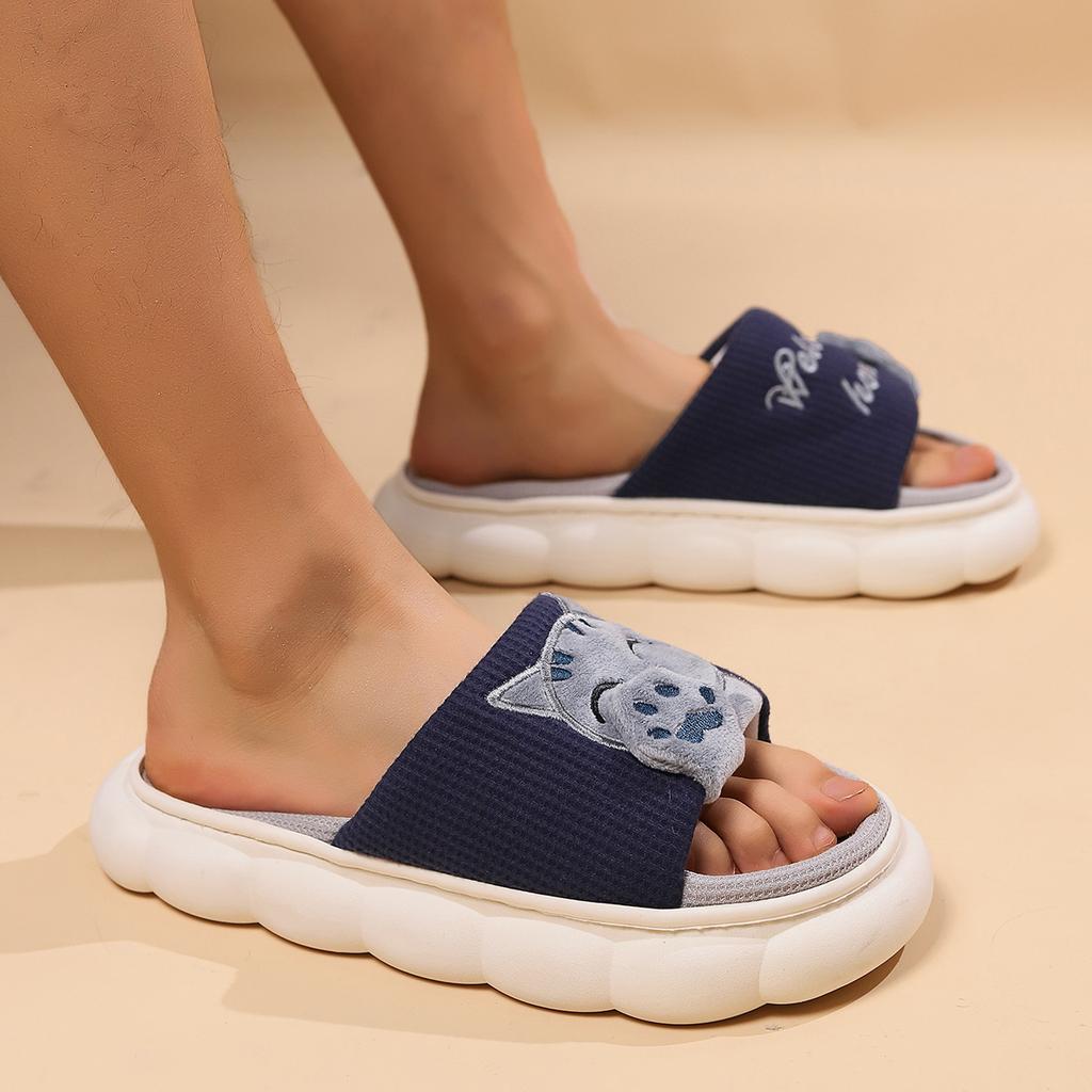 Cute Cartoon Cat Home Slippers for Women In All Four Seasons, Thick Soled Spring and Autumn Cotton Slippers for Indoor Use
