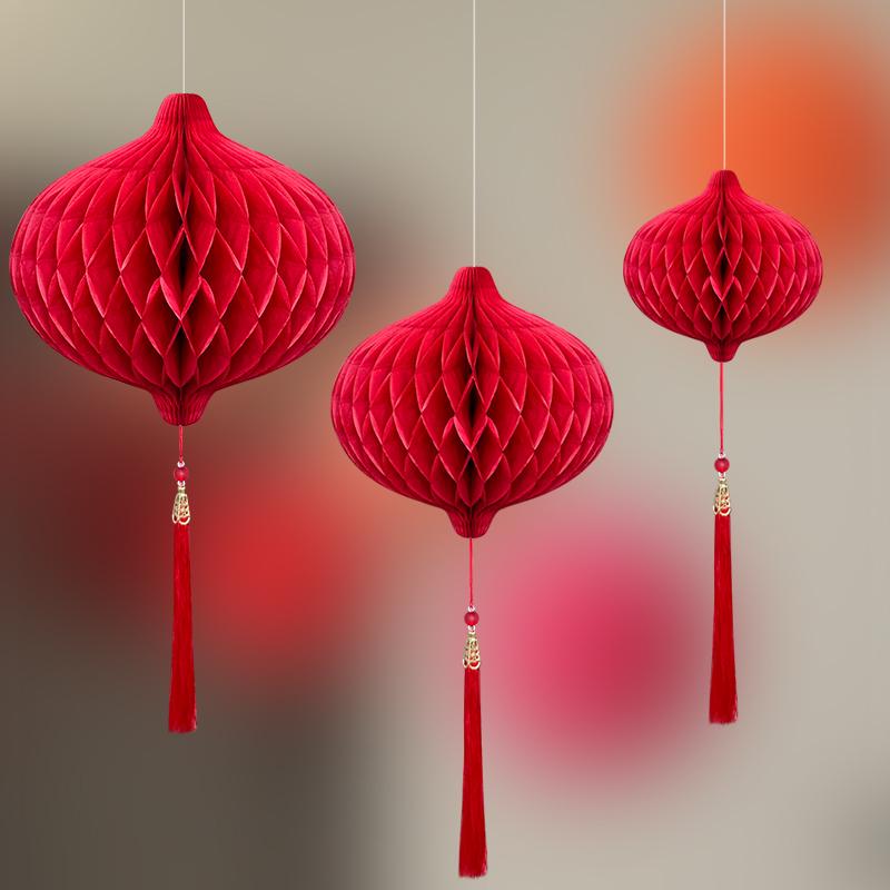 Wedding Décor Set: Honeycomb Balls, Folding Fans & Double Happiness Pendants for Groom's Room