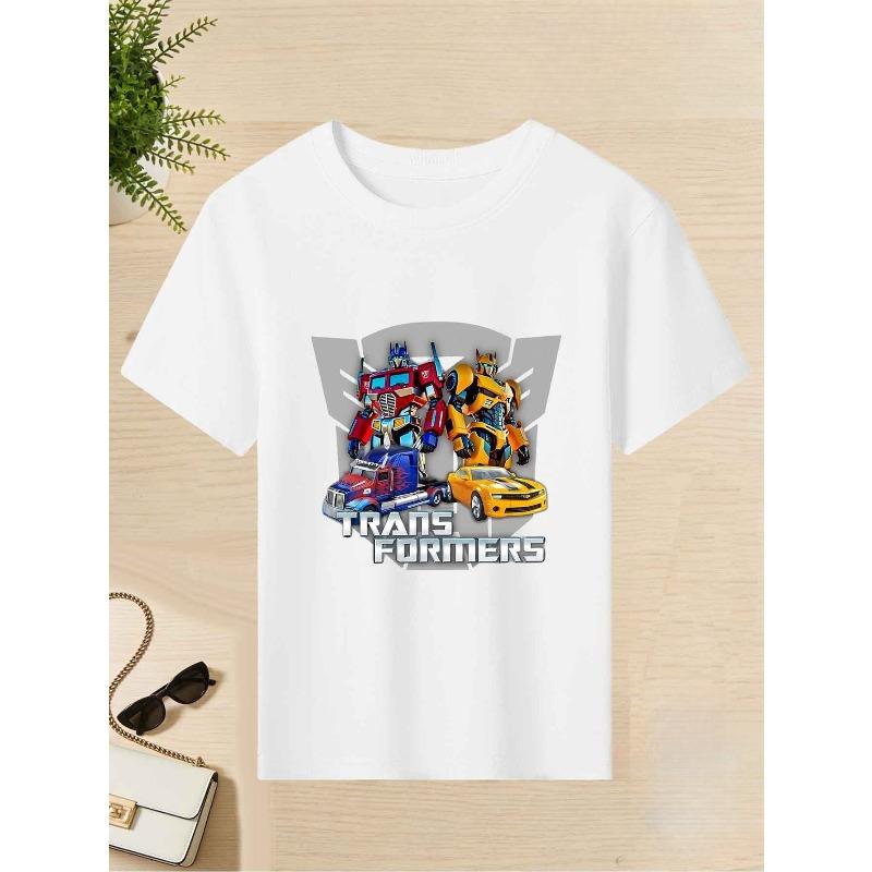 Boys Summer Crew Neck Short Sleeve T-Shirt with Cartoon Car Robot Print 110 белый