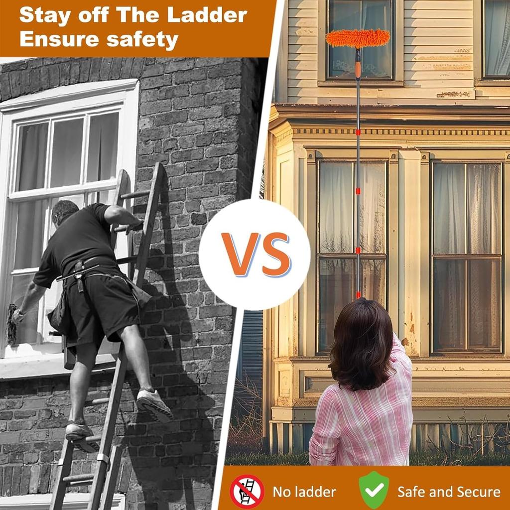2-in-1 Window Cleaner with Squeegee and Duster, Over 6m Reach - Rotating Tool with 0.9-4.2m Telescopic Pole, for Windows and Car Glass