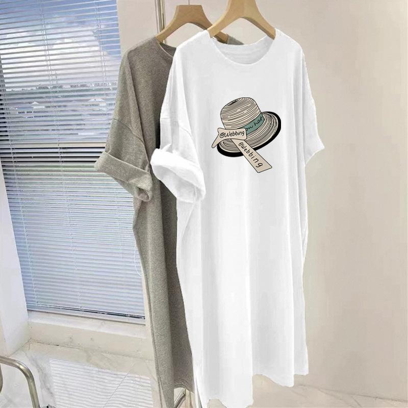 Large Size Women's Pure Cotton Dress Summer Korean Version Over Knee Short-sleeved T-shirt Skirt Casual Medium and Long Skirt