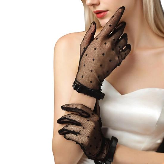Women Lace Gloves Bridal Gloves with Bow Sheer Tea Party Wrist Gloves for Wedding Prom Cocktail Party