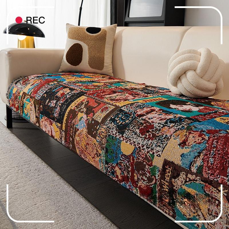 Cartoon Sofa Cushion Seat Cushion Retro Alley Colored Sofa Towel One Piece Sofa Cover Autumn And Winter Non-Slip Sofa Cover