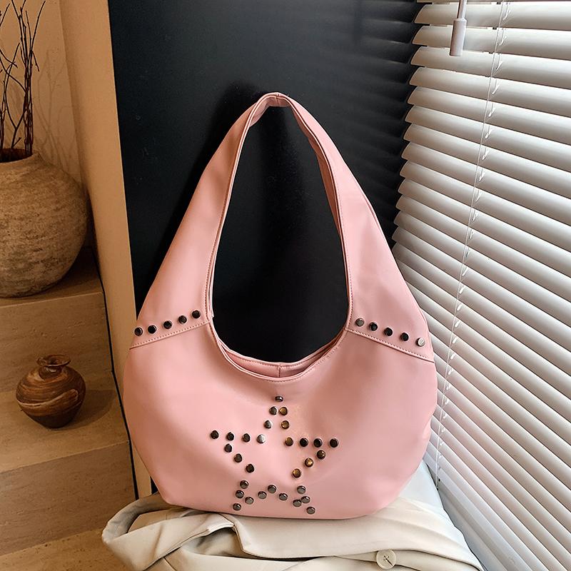 PU Hobo Bag Women's Fashion Shoulder Tote with Stud Detail Soft Texture Casual Everyday Handbag
