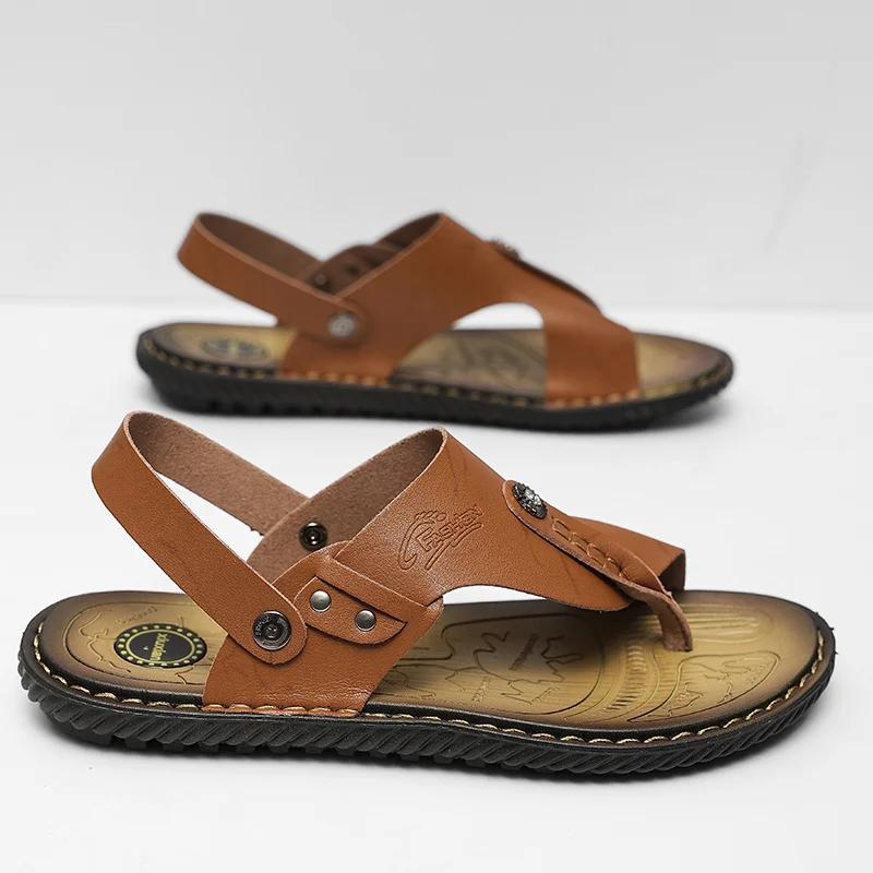 Fashion 2025 New Casual Leather Soft Bottom Sandals Men Soft Tires Rubber Flip Flops Summer Fashion Breathable Casual Minimalist Shoes