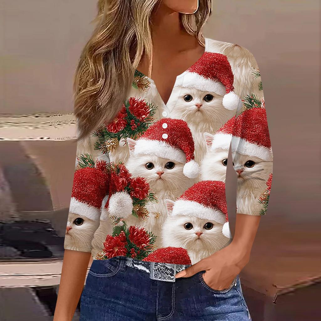 Damenmode Lässig Halloween Bedruckt V-Ausschnitt Kurzarm Zierknopf Dreiviertelarm T-Shirt Top