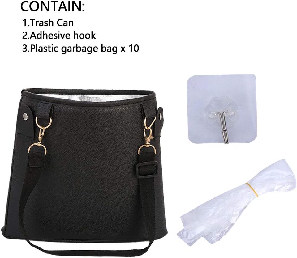 Hanging Car Trash Can, PU Leather, Waterproof, Auto Garbage Bin for Travel & Vehicle (Black)