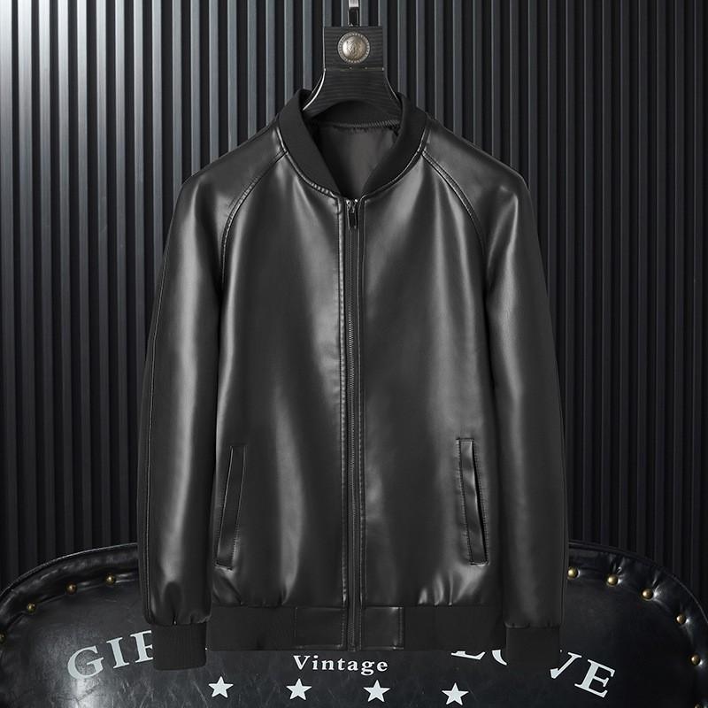 Mens Fleece Lined PU Leather Jacket Trendy Biker Style Stand Collar Casual Slim Fit Outerwear
