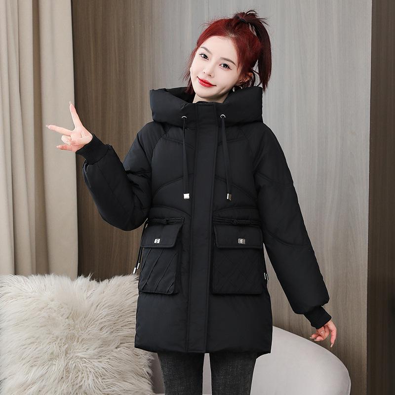 Women's Korean Style Hooded Mid-Length Cotton Jacket—Free Shipping, Solid Color, Loose Fit, Thickened for Winter Cold Protection.