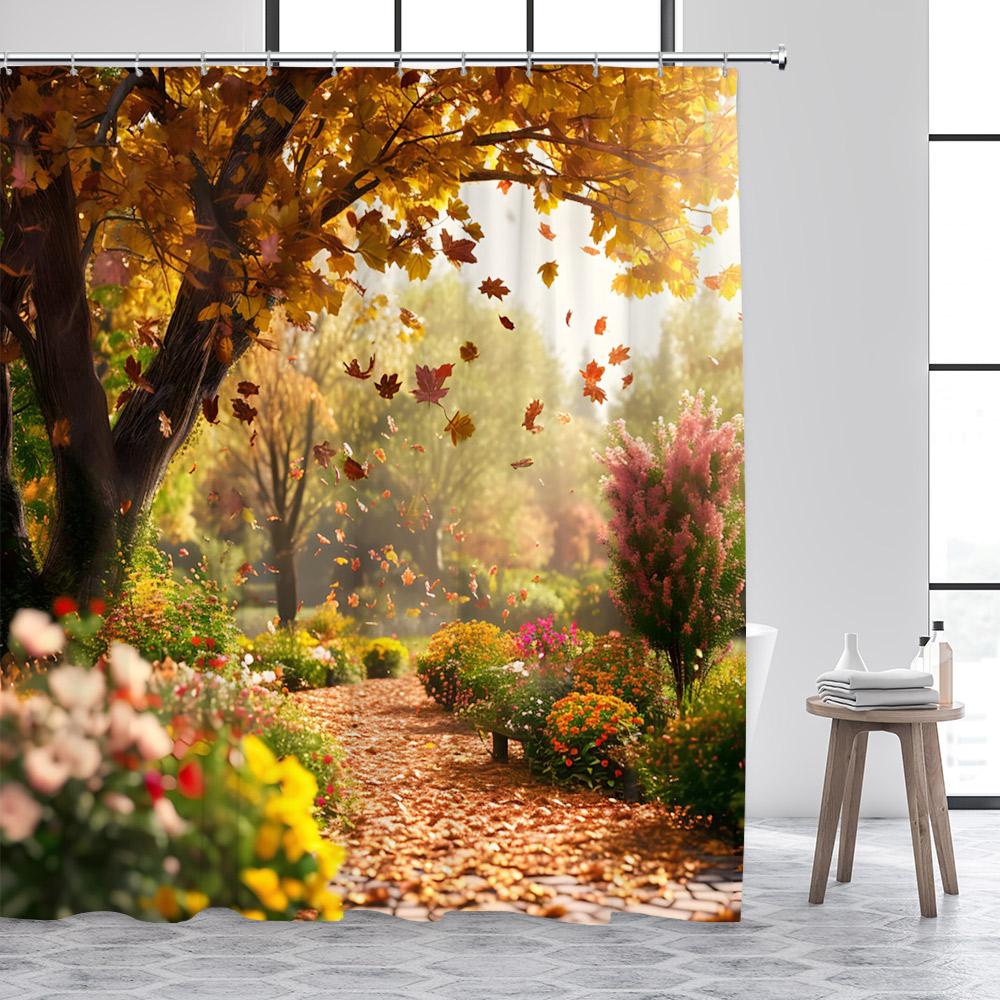 Herbstwald Duschvorhänge Rote Ahornbäume Fallende Blätter Straße Herbstlandschaft Stoff Heim Badezimmer Vorhang Dekor Mit Haken