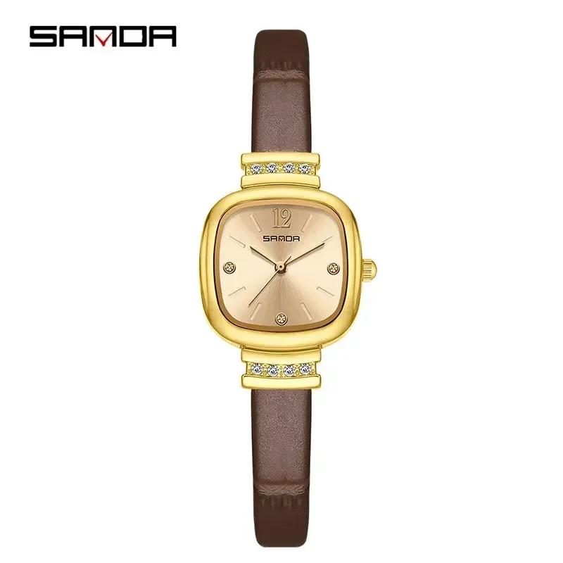 Sanda 7052 Fashion Square Diamond Watches For Women High Quality Waterproof Leather Quartz Watch Luxury Elegant Ladies Watches