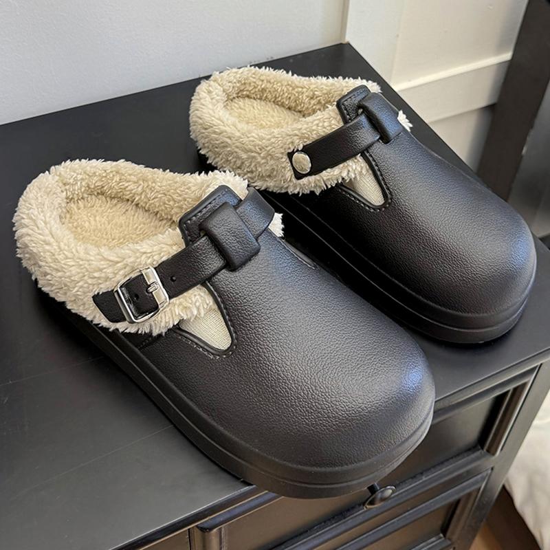 Fashion Autumn Winter Fur Clog Slippers Women 2025 Lightweight Non Slip Indoor Cotton Slippers Woman Buckle Decor Soft Sole Birken Shoes