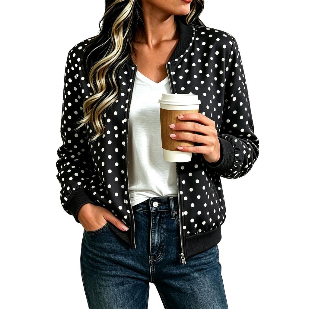 Women's Loose Fit Casual Zip-Up Jacket, Fashion Printed Short Coat for Fall and Winter