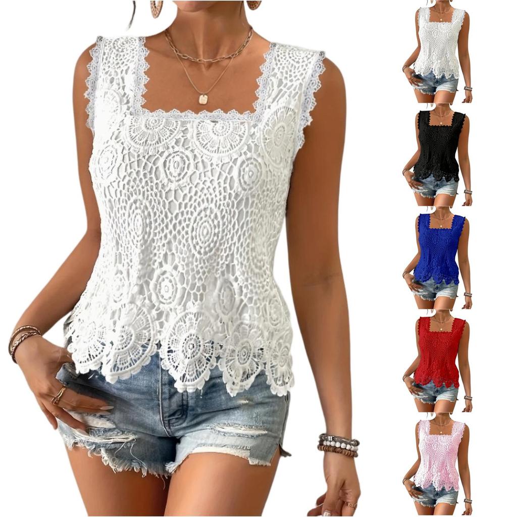 Women’s Sleeveless Lace Crochet Tank Top Square Neck Floral Hollow Out Blouse Scalloped Hem Casual Summer Shirt