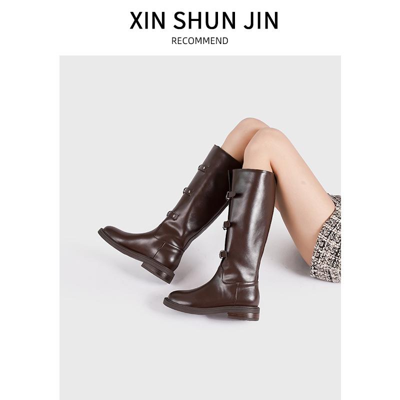 Martin Boots Women's Autumn and Winter New Leather Buckle Thick Heel Knight Boots Women's Knee Boots
