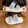 Fashion Outside Flip-Flops Summer New Round Head Open Toe Sequined Cloth Platform Soft Bottom Non-Slip Beach Cool Mopping