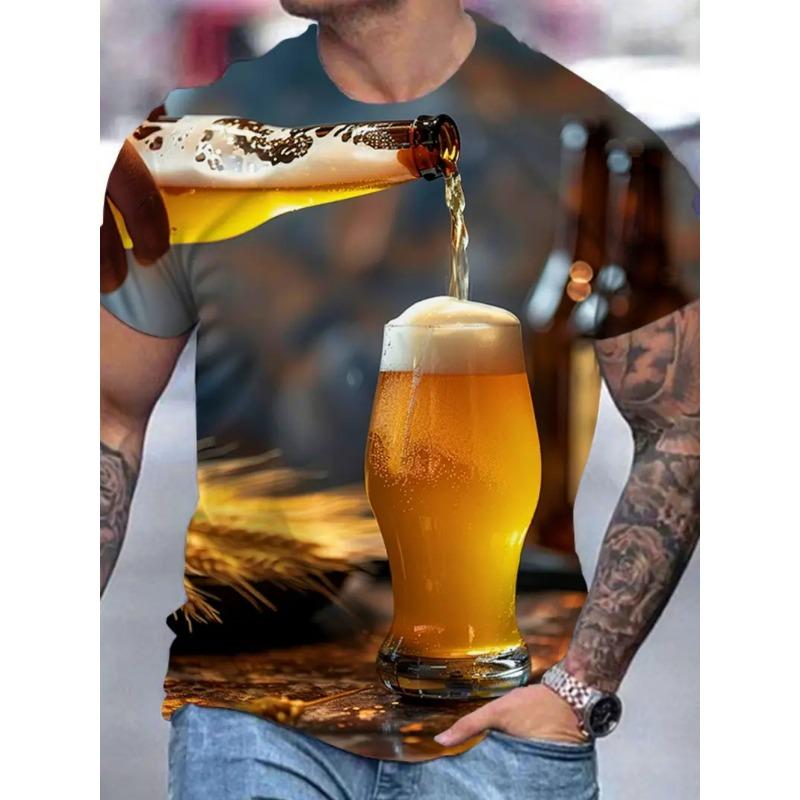 Camiseta Masculina Elegante Com Estampa De Cerveja 3D All-Over Print Design Camisetas Gráficas De Cerveja Masculinas Com Gola Redonda E Manga Curta