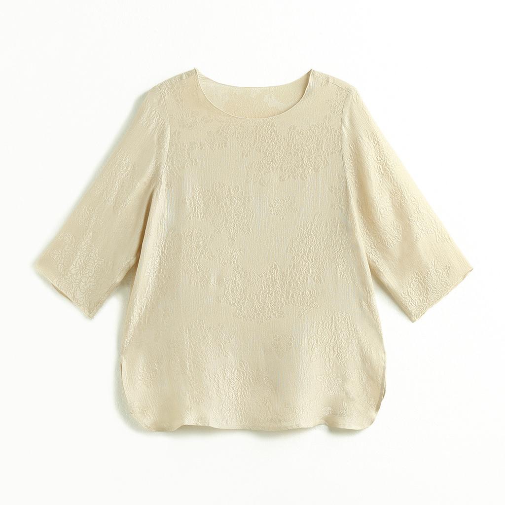 [3D Carving] Spring and summer round neck loose slimming solid color silk flower Luo Guan Le Crepe short sleeved T-shirt for women
