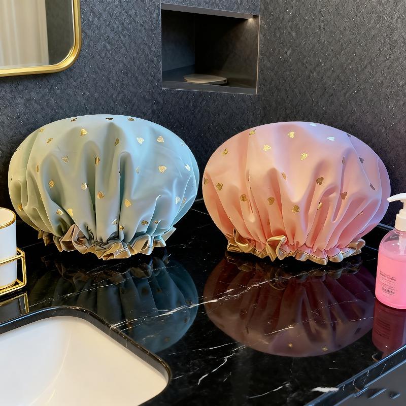 2Pcs Double-Layer Shower Caps, Gold Foil Printed, Soft Stretch Reusable Waterproof Caps for Bathroom and Daily Use