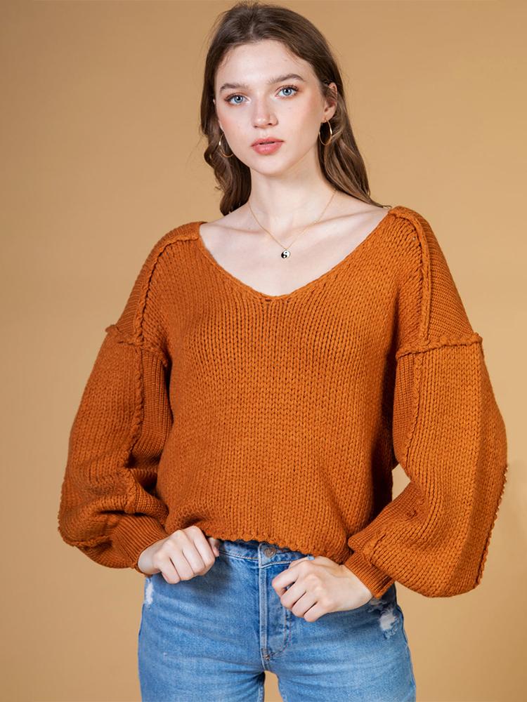 New In Loose Fit V-Neck Balloon Sleeve Knit Sweater Camel/S