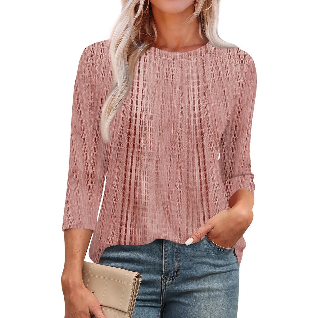 Omen's Fashionable Round Neck 3/4 Sleeve Printed Casual Basic Pleated Pullover T-shirt Top