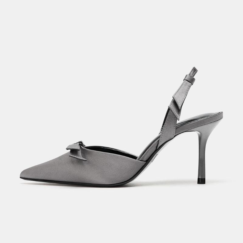 Zapatos de Salón Negros con Punta Fina y Lazo de Satén para Mujer Lujosos con Pedrería Diseñador Slingback Sandalia de Tira Trasera con Tacón de Aguja de Moda
