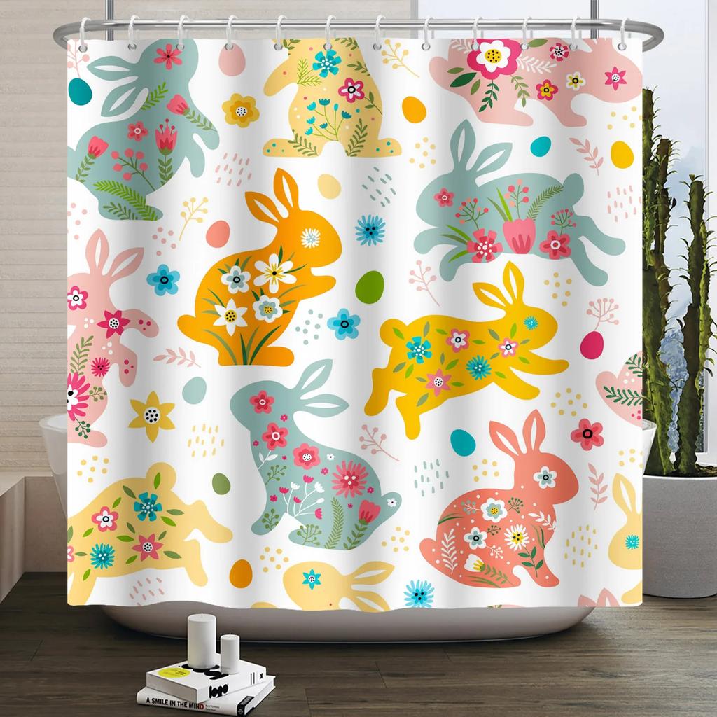 Spring Easter Shower Curtain Happy Rabbit Bunny Eggs Flower Garden Floral Holiday Waterproof Bathroom Shower Curtain With Hooks
