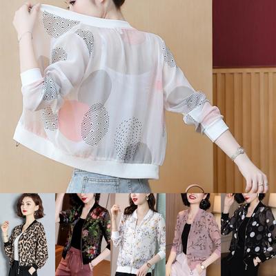 Donna Estate Chiffon Stampa Cappotti Femlae Manica Lunga Bomber Giacche Larghe Signore Stampa Traspirante Casual Cerniera Cardigan