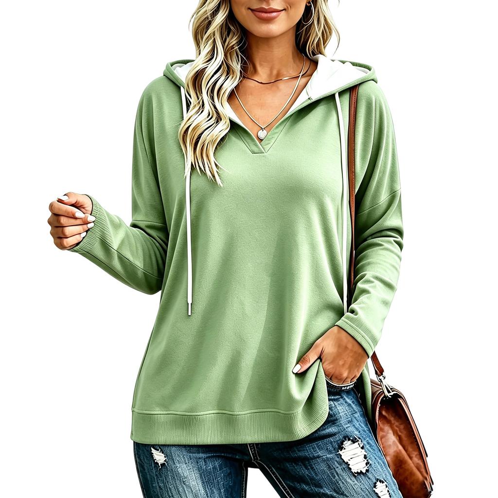 Women's Lightweight V-Neck Long Sleeve Hoodie Casual Pullover