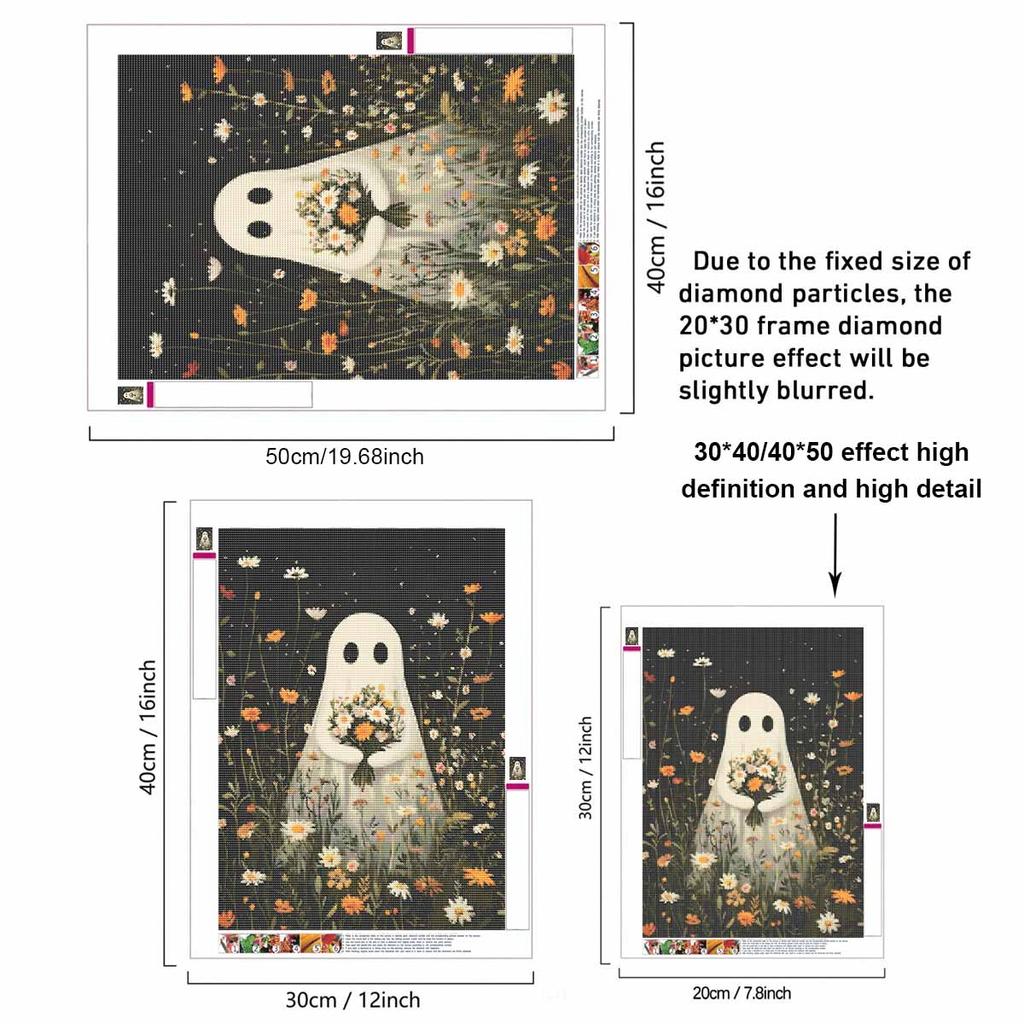 DIY Diamond Painting Kit Cute Ghost Holding Flowers Pattern 5D Full Drill Canvas Art Creative Craft Gift for Girls and Adults
