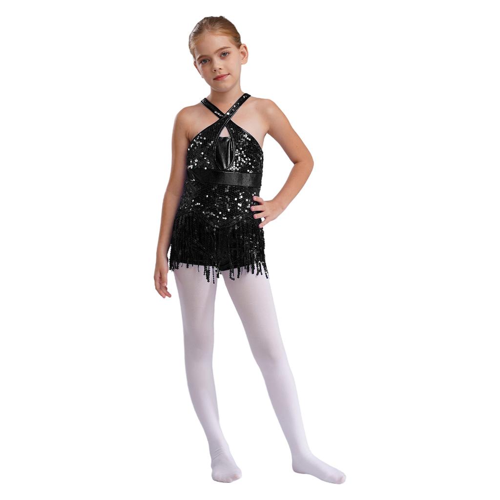 Girls Shiny Sequins Tassel Leotard Cross Front Cutout Back Design Fringed Bodysuit Latin Dance Cha Cha Costume