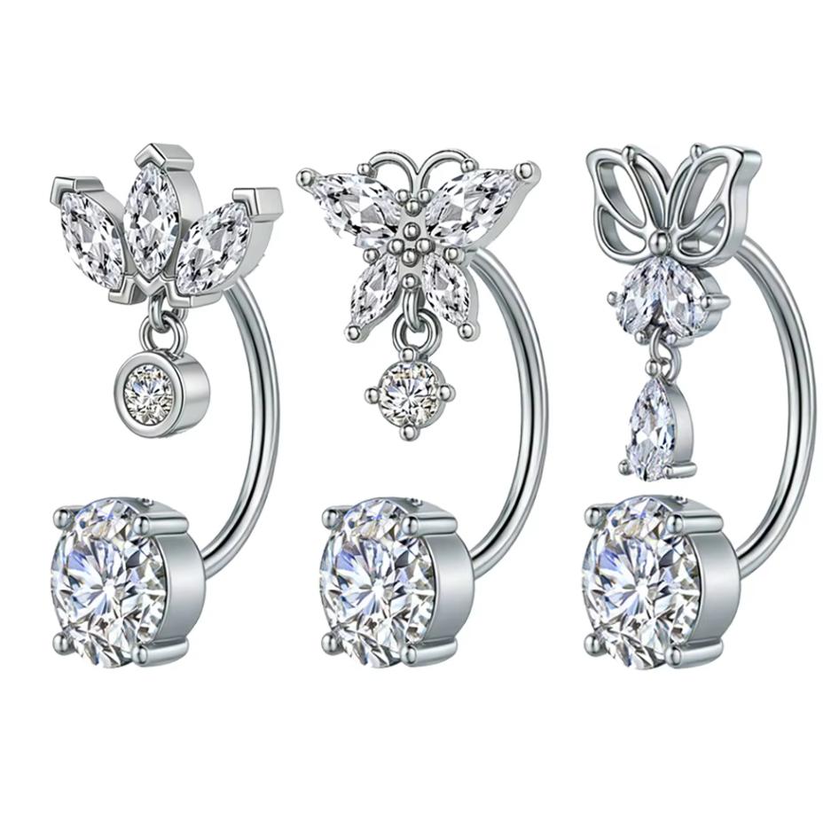 3Pcs/set 14g Dangle Belly Button Rings Butterfly Sparkling Cubic Zircon Navel Ring Stainless Steel Hypoallergenic Belly Piercing 1.6*10mm