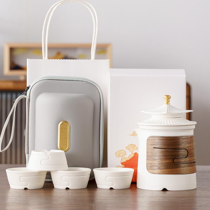 Forbidden City suet jade porcelain kung fu travel tea set, one pot and four cups of business commemorative high-end souvenir
