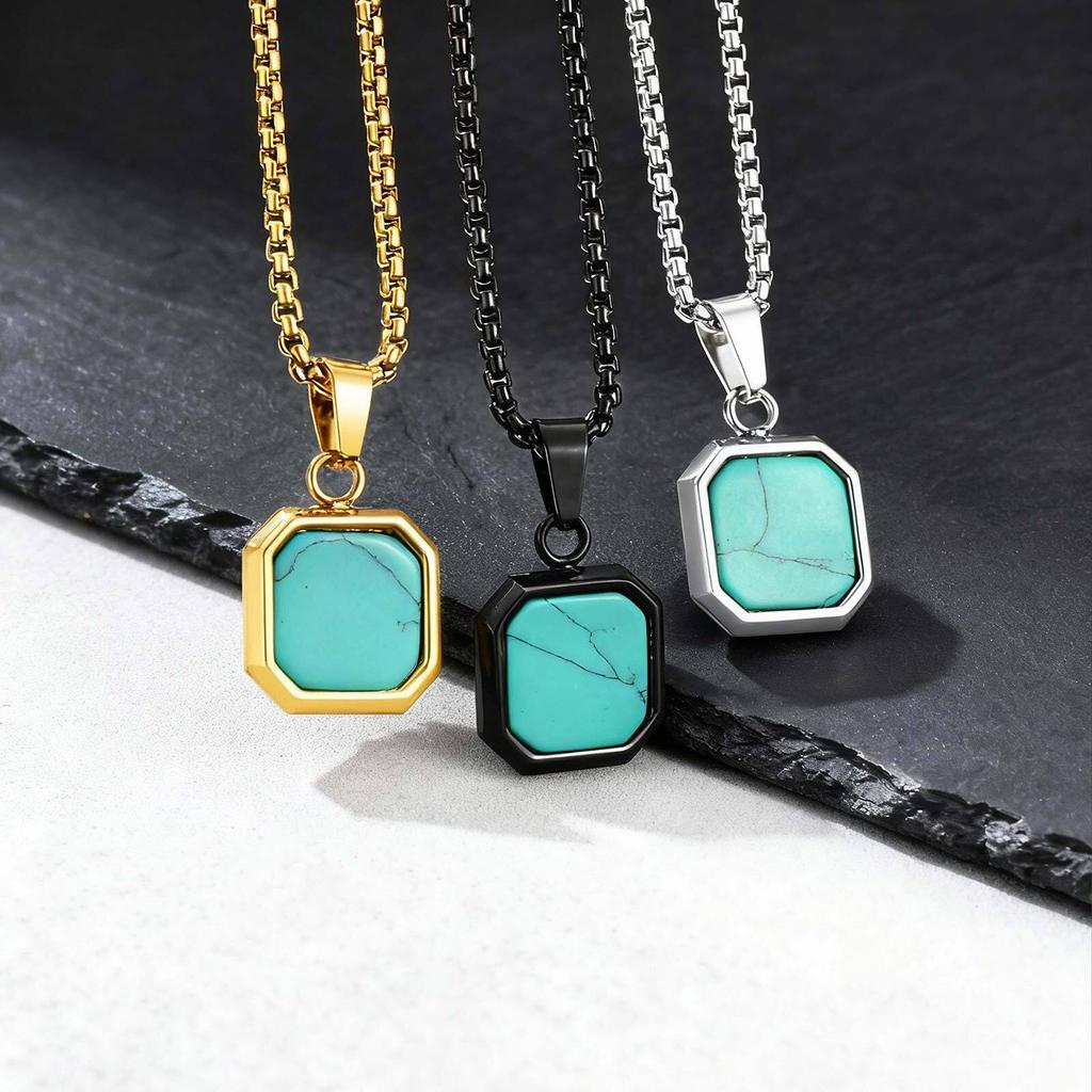 Natural Stone Square Pendant Necklace for Men Boys,Stainless Steel Turquoise Pendant,Jewelry Gift for Husband Dad Son BBF