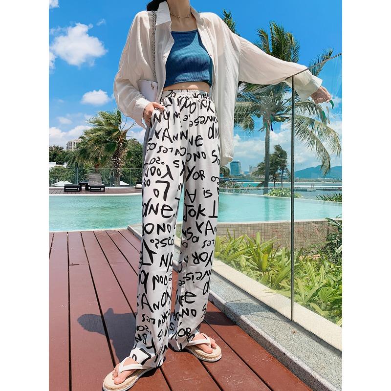 

Шифоновые брюки палаццо женские летние тонкие с принтом букв, граффити, с высокой талией, драпирующиеся, свободные, прямые, повседневные брюки, тренд S белый