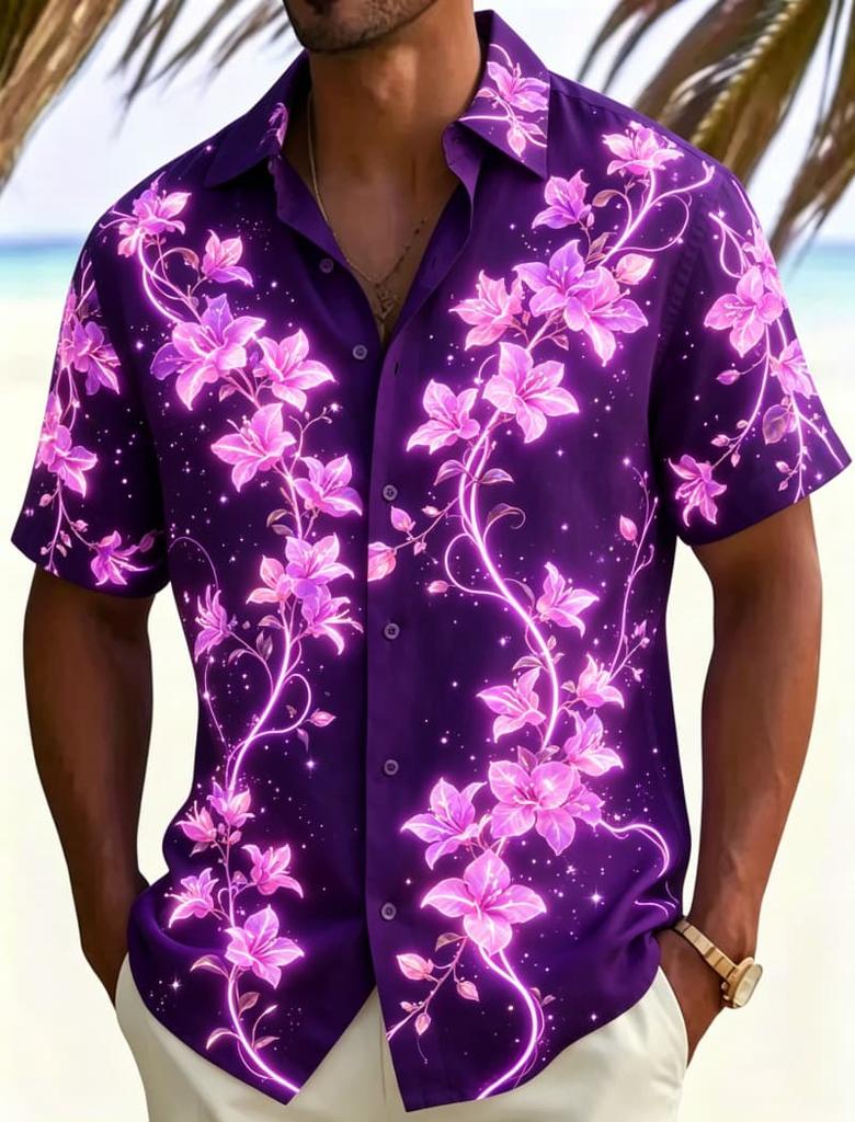 Herren Hemd mit Neon Tropischem Blumenmuster, Lässig, Personalisierter Sommerstil, Geeignet für Nachtreisen, Poolpartys Und Täglichen Gebrauch