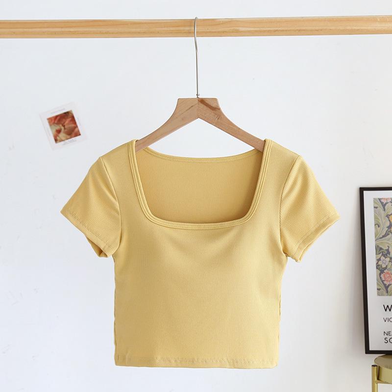 

Женский облегающий укороченный топ с квадратным воротником, короткими рукавами и нагрудными подкладками Medium жёлтый