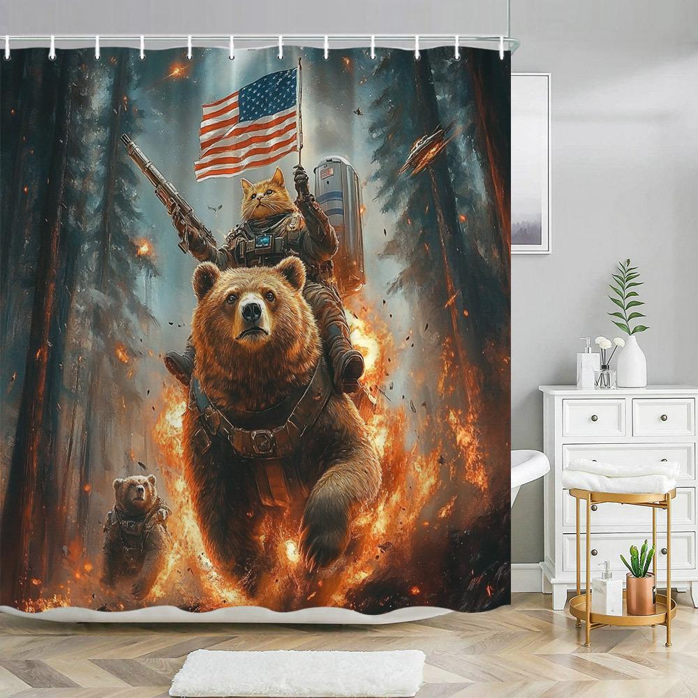 

Cat Soldier On Bear Waterproof Shower Curtain For Bathroom Decor, Unique Art Design, Vibrant Colors, Modern Fashion Style W60H190(CM)-1 Pcs