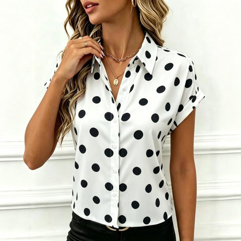 Women Polka Dot Lapel Roll Up Short Sleeve Button Down Casual Loose Blouse Shirt