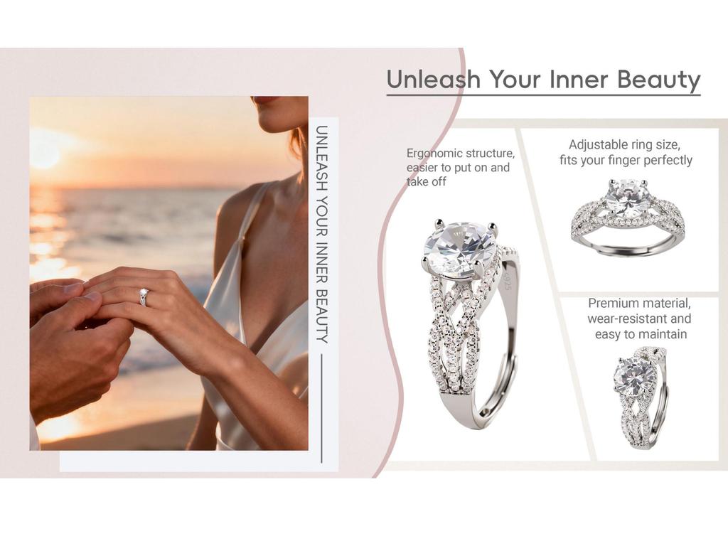 Adjustable 2 Carat Moissanite Wedding Ring with Cubic Zirconia Accents