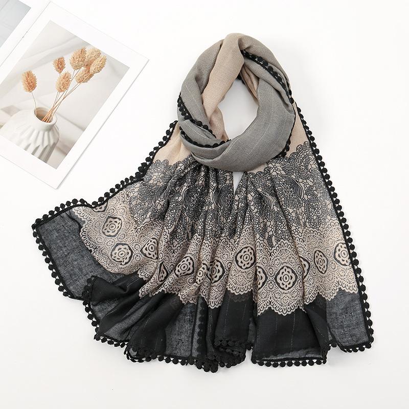 Winter Aztec Lace Floral Pom Pom Cotton Viscose Shawl Scarf Lady High Quality Wrap Pashmina Stole Bufandas Muslim Hijab 180*90Cm