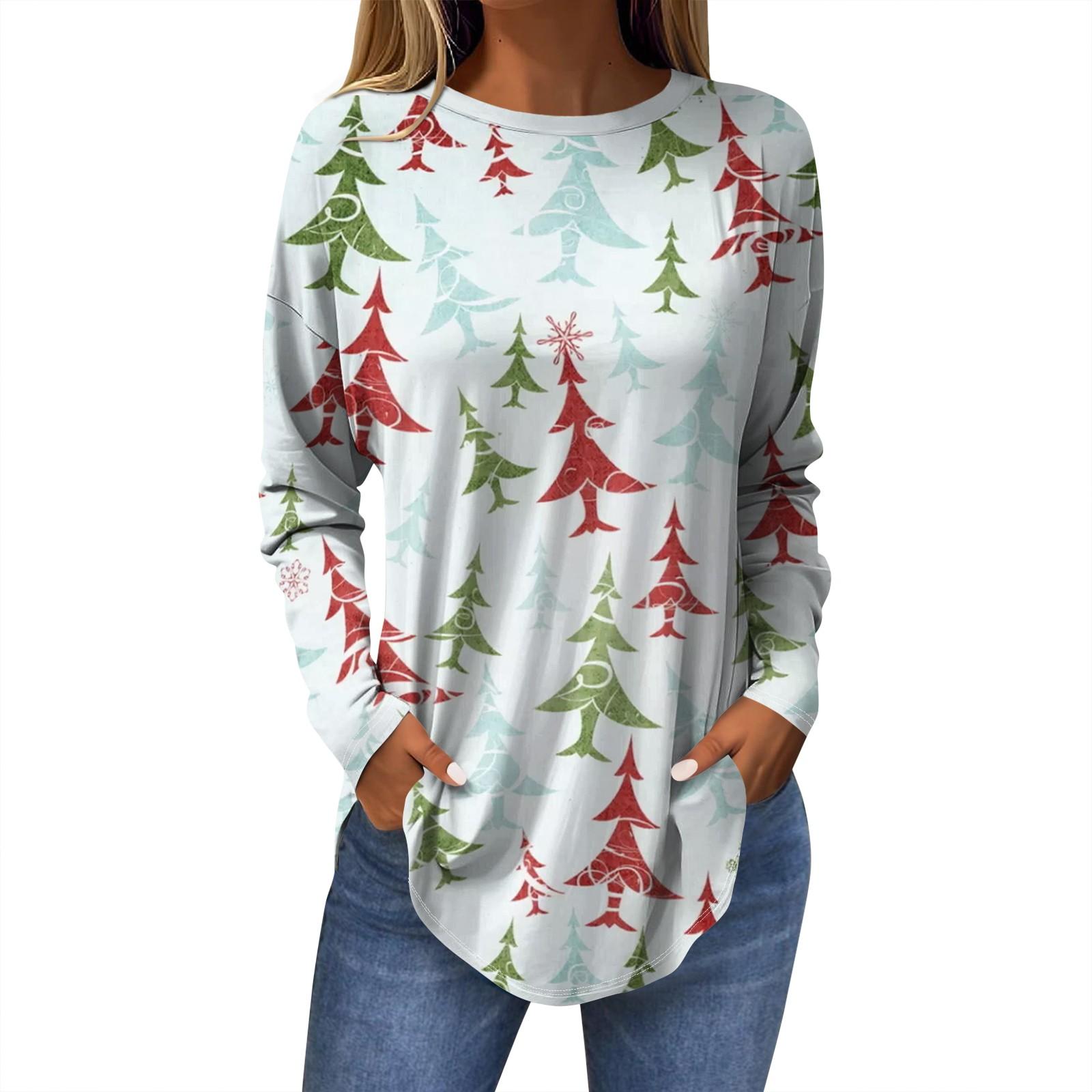 

Женская модная повседневная футболка с круглым вырезом и длинным рукавом с рождественским принтом S