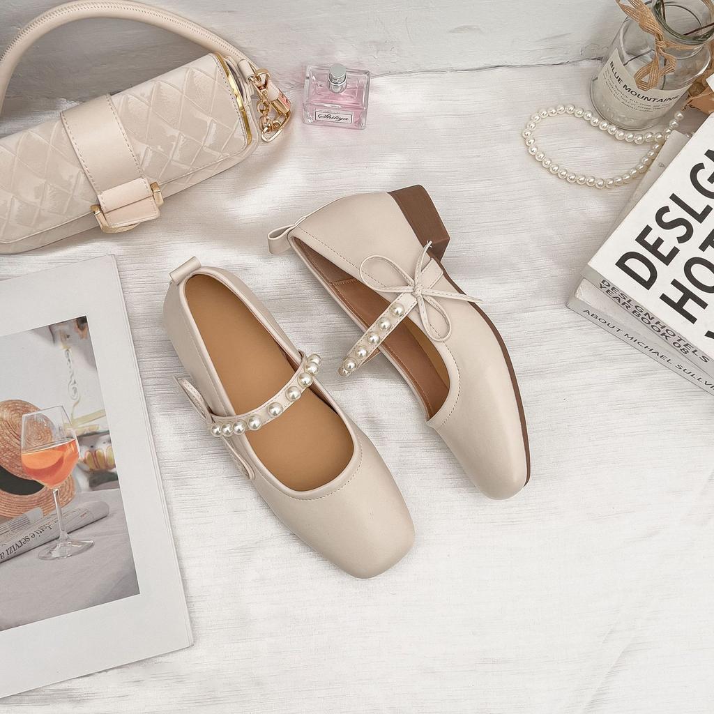 2025 spring and summer new Mary Jane single shoes women's wear high-end pearl word with thick heel shoes women's shoes versatile