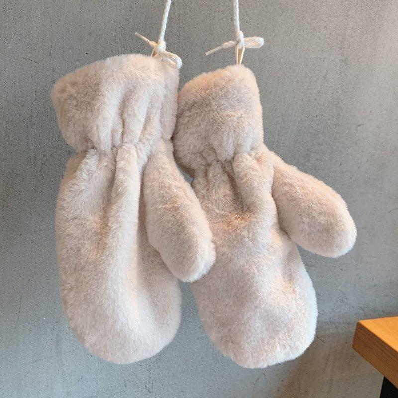 Winter Cartoon Korean Style Plush Lined Cycling Gloves with Lanyard for Students